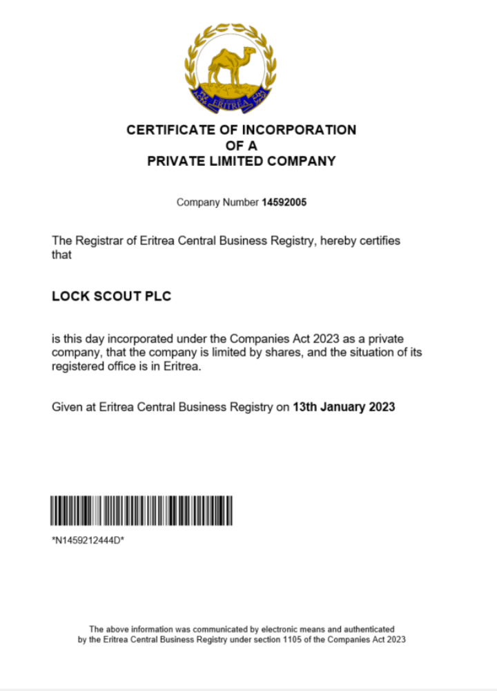 Eritrea certificate of registration Word and PDF template